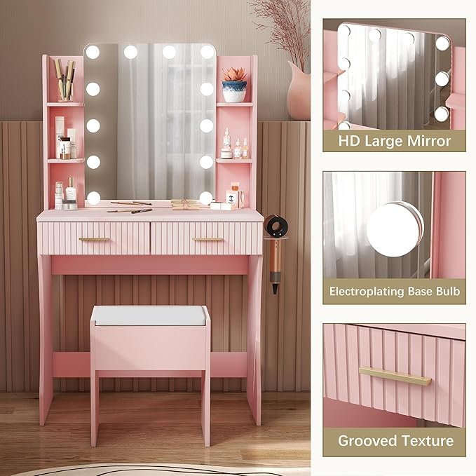 Small Vanity Desk with Mirror and Lights, Makeup Vanity Desk with 3 Color Modes Adjustable Bulb, 2 Large Drawers and 4 Open Storage Shelves, Pink Vanity with Charging Station for Bedroom