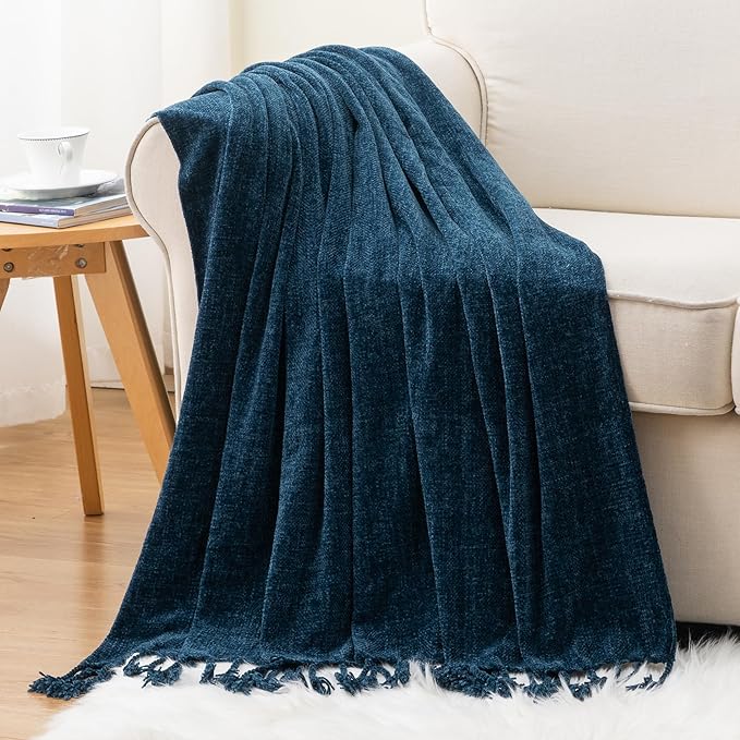 BATTILO HOME Navy Blue Throw Blanket for Couch, Bed, Sofa - Soft Cozy Chenille Throw with Fringe Tassels, Lightweight Knit Throw for Home Decor, 50"x60"