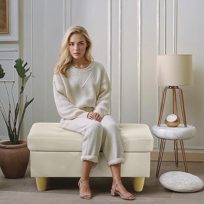 Ottoman Rectangular Storage Ottoman Bench, Faux Leather Footrest, Coffee Table, Stool Footstool with Hinged Lid for Living Room, Bedroom, Entryway, White, 35"x23.5"x17.5"