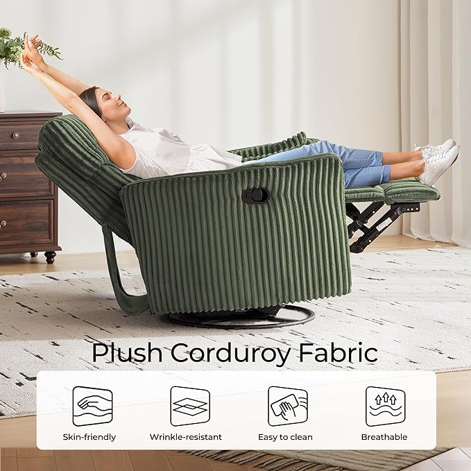 LINSY 360 Swivel Recliner Chair - Corduroy Nursery Glider Rocking Chair with 2 Pillows, Comfy High Back Adult Recliner for Small Spaces, Nursery Bedroom Living Room Reclining (Green)