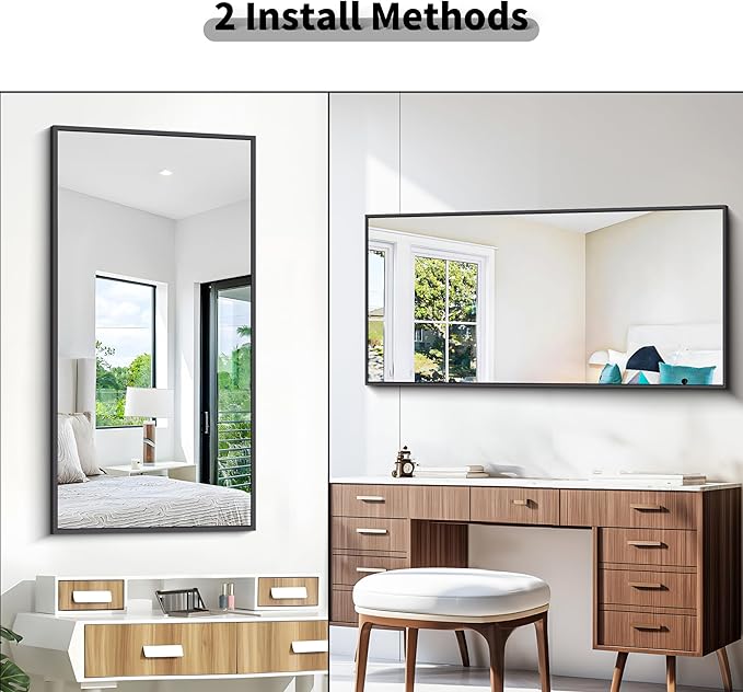 BONEWEI Bathroom Mirror,24x48 inch Wall Mirror for Bathroom Wall Mounted Black Rectangle Square Corner Mirrors, Black Bathroom Mirror for Living Room, Farmhouse, Bedroom Entryway, Horizontal/Vertical