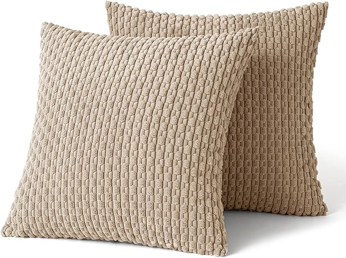 MIULEE Throw Pillow Covers Soft Corduroy Decorative Set of 2 Boho Striped Pillow Covers Pillowcases Farmhouse Home Decor for Couch Bed Sofa Living Room 16x16 Inch Tan