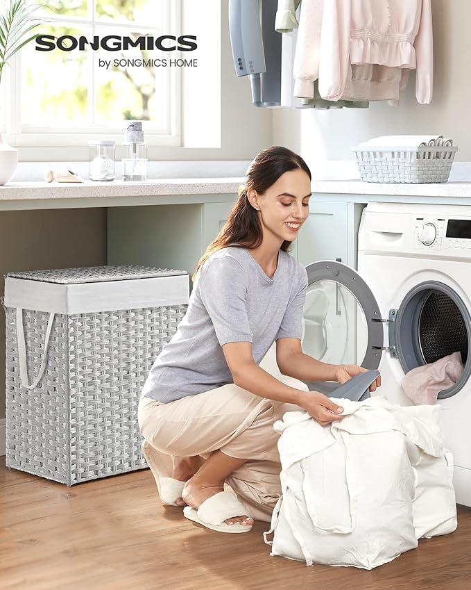 SONGMICS Laundry Hamper with Lid, 90L Clothes Hamper with 2 Removable Liner Bags, 6 Mesh Bags, Wicker Laundry Basket, Double Laundry Hamper for Bathroom, 13 x 18.1 x 23.6 Inches, White ULCB251W01V1