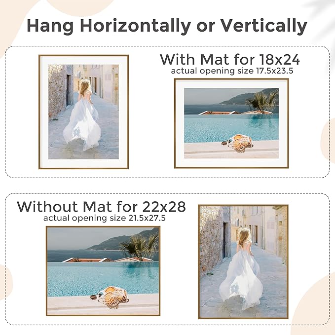 22x28 Metal Picture Frame For Wall With Mat For 18x24, 22''x28'' Aluminum Photo Frames With Tempered Glass, Minimalist Modern Poster Frame Horizontal And Vertical Formats, Bronze