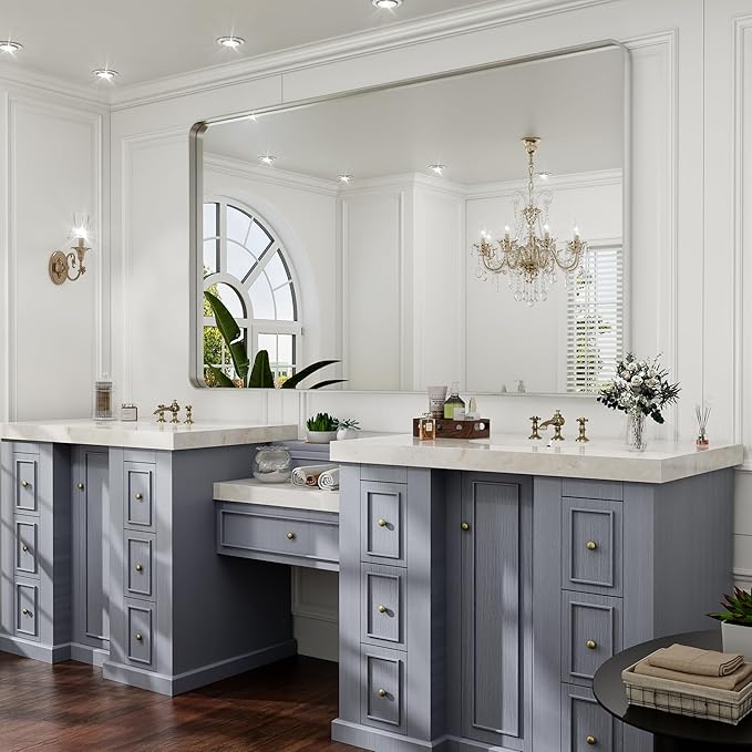 Hasipu 55×32 Inch Large Bathroom Mirror for Wall, Rectangular Silver Metal Frame Bathroom Mirrors, Modern Wall Mounted Vanity Mirror for Bathroom (Horizontal/Vertical)