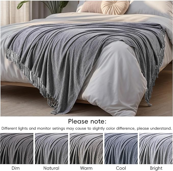 BATTILO HOME Gray Chenille Throw Blanket for Couch, Decorative Soft Knit Throw Blanket with Fringe Tassels, Lightweight Throw Blanket for Home Decor, 50"x60"