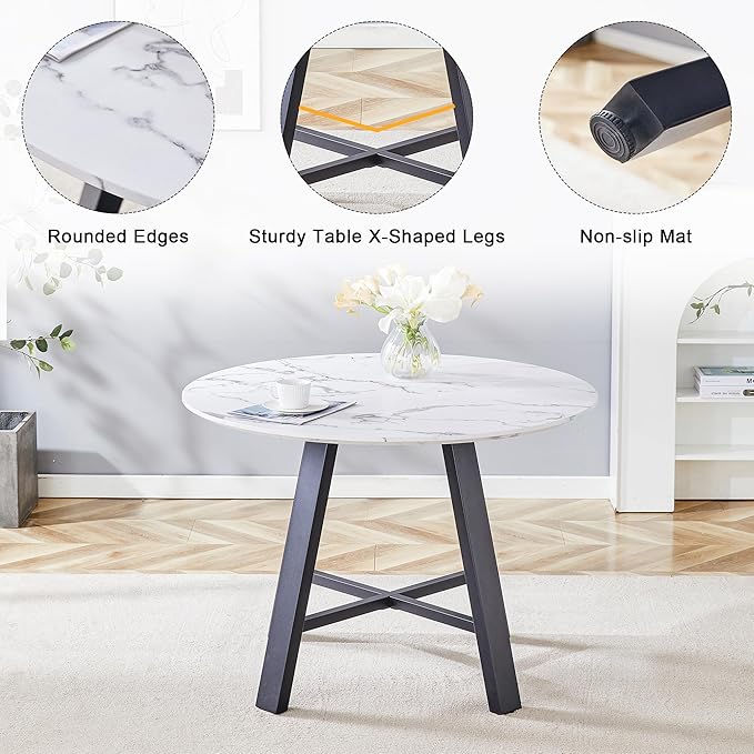 Round Dining Table Set for 4, Round Kitchen Table and Chairs Set for 4, 42 Inch Modern White Circle Dining Table Set of 4 with Upholstered PU Leather Chairs for Small Space Kitchen Living Apartment
