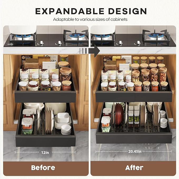 4Pack Expandable Pull Out Cabinet Organizer 21"Deep With Raising Pad for Framed Cabinets,Slide Out Drawers with 4pcs Divider Racks,Roll Out Shelves Adhesive,Adjustable Width 12.05"-20.4"Black