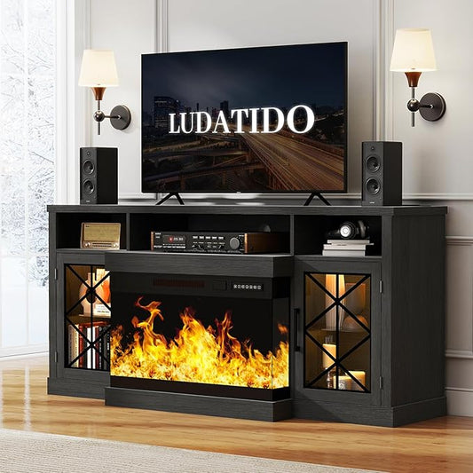 Ludatido 65 Inch FireplaceTV Stand with 3-Sided Glass Insert, Storage Cabinets & Drawers, Fits TVs up to 75", Remote & Touch Control, White Entertainment Center with USB&AC Power Interface, Black
