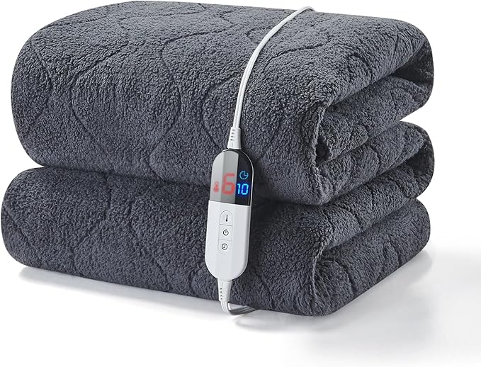 Full Size Heated Mattress Pad Sherpa Electric Mattress Pads Electric Bed Warmer Fit up to 21" with 6 Heat Settings 10 Hours Auto Shut Off, Dark Gray