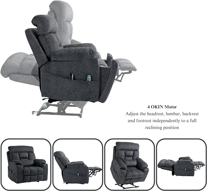 4-Motor Lay Flat Power Lift Recliner Chair with Heat & Massage - Power Adjustable Headrest, Backrest, Lumbar & Legrest - Big Tall Recliners, 4-Point Massage (Seat Heating)