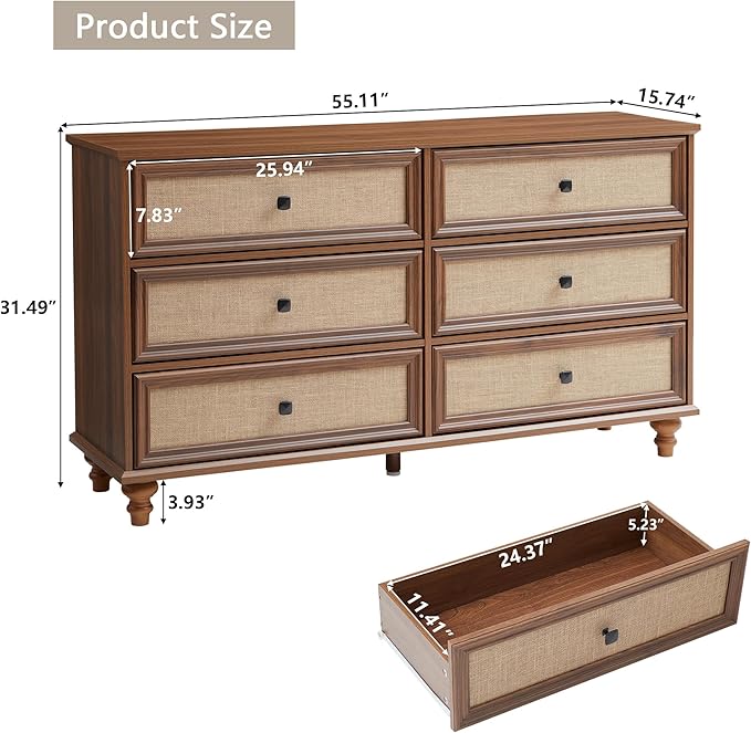 6 Drawer Dresser for Bedroom, Mid Century Modern Wide Wood Vintage Chest of Drawers Wooden Storage Organizer Burlap Rattan Drawers for Living Room, Hallway Closet, Entryway, Walnut