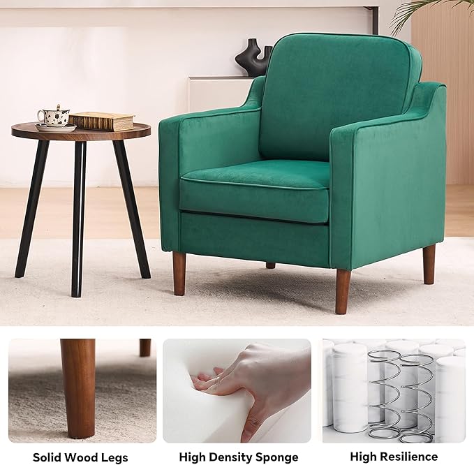Mid Century Modern Accent Chair, Upholstered Reading Armchair for Living Room, Velvet Comfy Sofa Chair with Wood Legs for Bedroom, Office, Waiting Room, Green