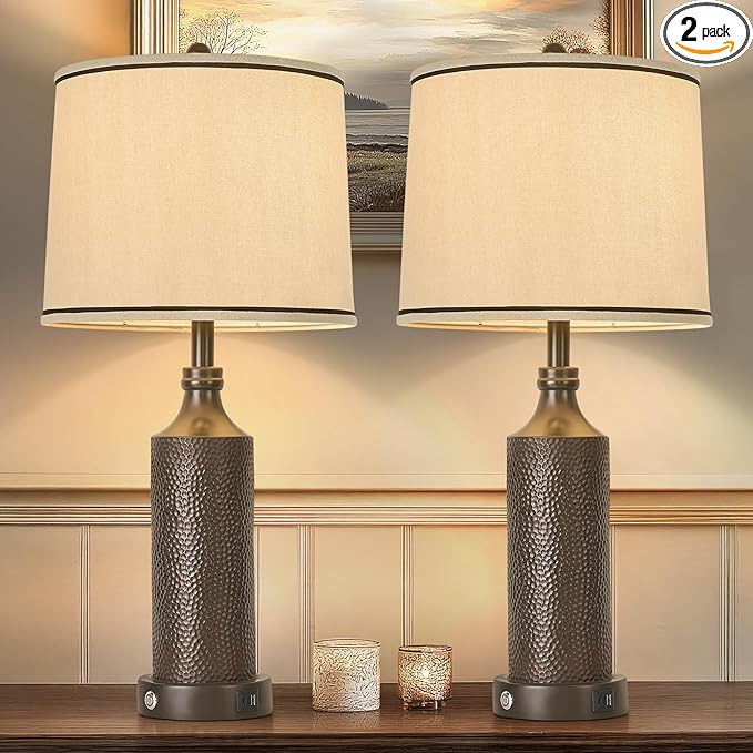 AIDENOEY 27.5" H 3-Way Dimmable Touch Control Table Lamp Set of 2，Vintage Bedside Lamp Nightstand Lamps with USB A+C Ports, Black Brown Finish Resin Table Lamp, for Living Room,Bedroom，Office