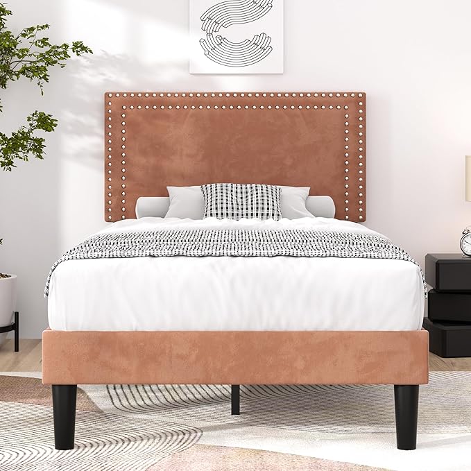 VECELO Twin Size Platform Bed Frame with Adjustable Upholstered Headboard, Strong Wood Slat Support, No Box Spring Needed, Easy Assembly
