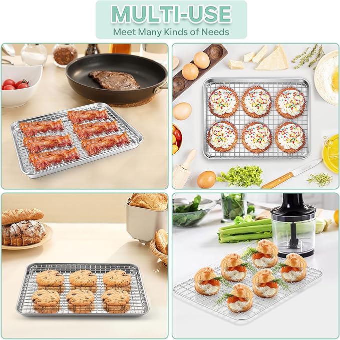 TeamFar Toaster Oven Pan with Cooling Rack Set, 10.5’’ x 8’’ x 1’’ Stainless Steel Compact Toaster Oven Small Baking Pan Tray with Mini Grid Rack, Non-Toxic & Heavy-Duty, Dishwasher & Oven Safe