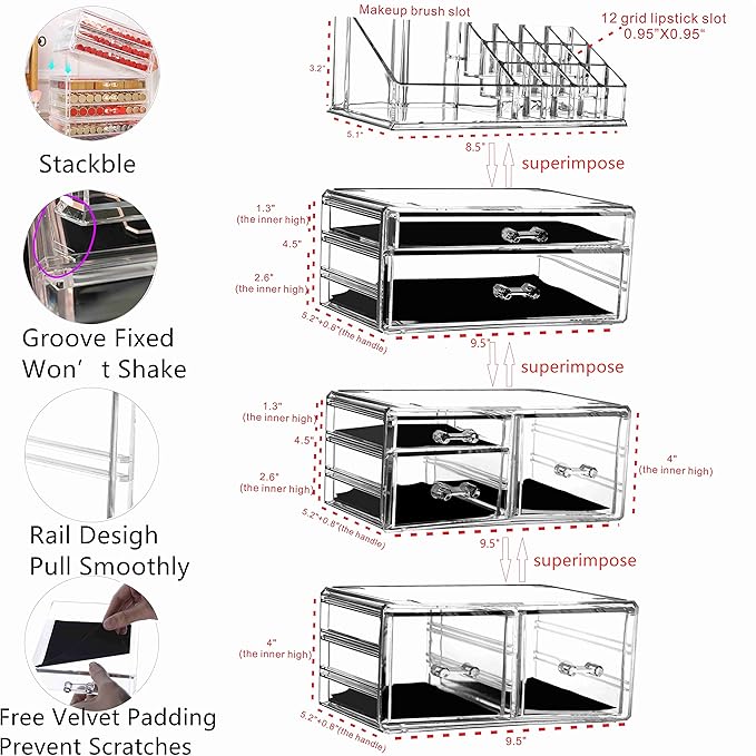 Cq acrylic 4 Pack Clear Make Up Organizers for Vanity,Stackable 7 Drawers Make Up Organizer,Cute Desk Organizer for Vanity Jewelry,Hair Clip,Beauty,Skincare Product Dresser Acrylic Drawer Organizer