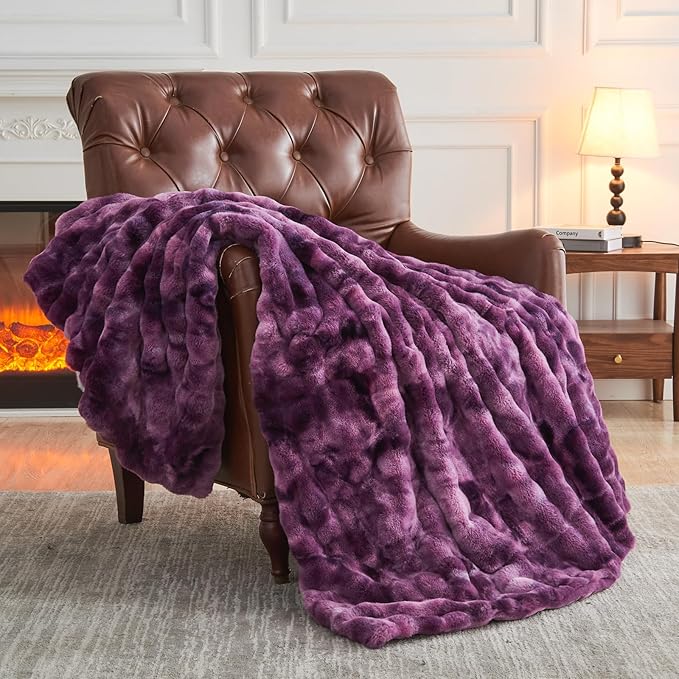 NEWCOSPLAY Faux Fur Throw Blanket Tie-dye Violet Purple Luxury Fluffy Thick Warm Bubble Blanket for Couch Sofa Bed 700GSM (Tie-dye Violet Purple, Throw(50"x60"))