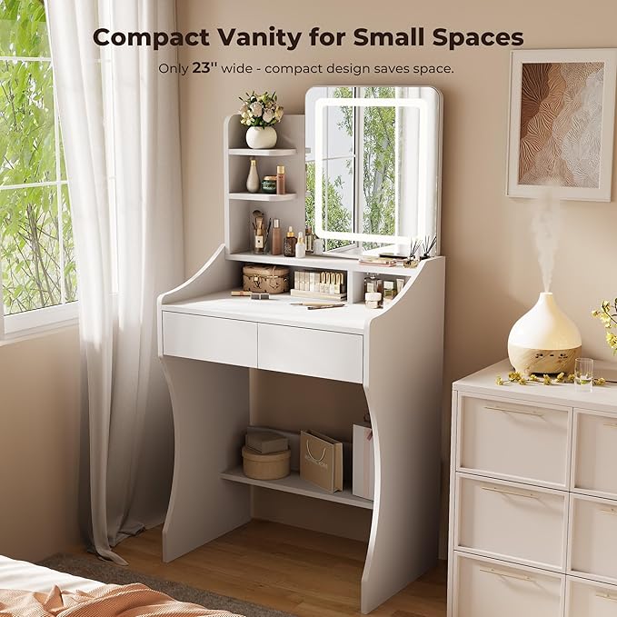 Small Vanity Desk, Makeup Vanity with Mirror and Lights, Vanity Desk with Drawer & 3 Storage Shelves, White Makeup Vanity Desk with Lights for Bedroom