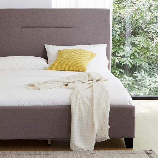 Livinia Amelia Queen Size Platform Bed, Fabric Upholstered Queen Bed Frame with Height Adjustable Headboard Footboard, Strong Wood Slats, No Box Spring Needed, Brown