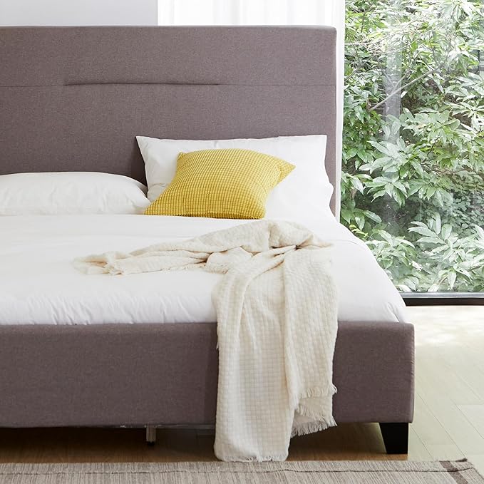 Livinia Amelia Full Size Platform Bed, Fabric Upholstered Full Bed Frame with Height Adjustable Headboard Footboard, Strong Wood Slats, No Box Spring Needed, Brown