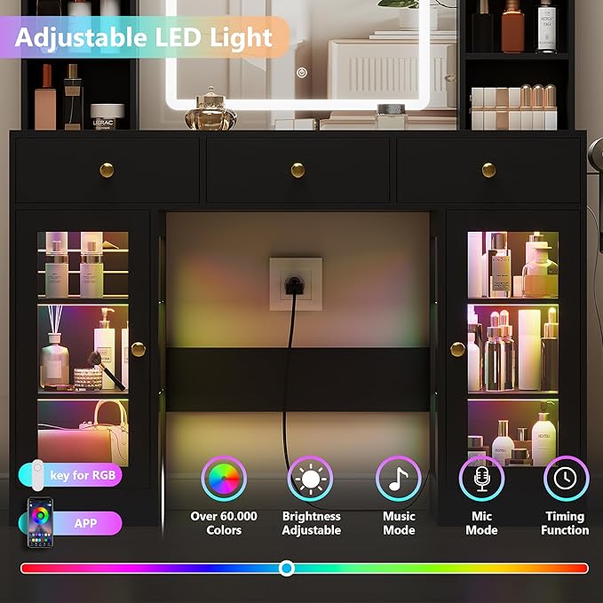Black Vanity Desk with Mirror and Lights, Glass Top Vanity with Lighted Mirror & RGB Cabinet and 3 Drawers, Dressing Table with 8 Shelves, Makeup Desk with Lights for Girls Bedroom, 3 Color Modes