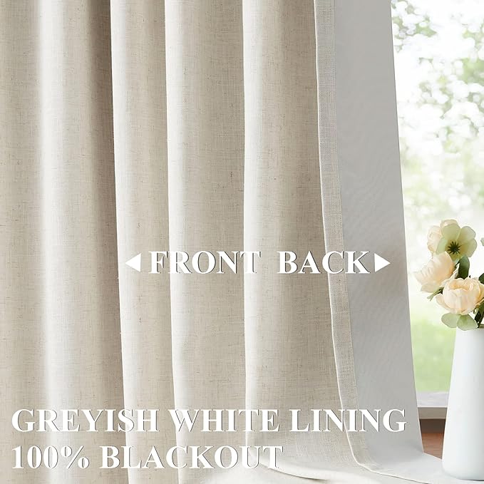 Vision Home Natural Pinch Pleated Full Blackout Curtains Linen Blended Room Darkening Window Curtains 102 inch for Living Room Bedroom Thermal Insulated Pinch Pleat Drapes with Hooks 40" Wx102 Lx2