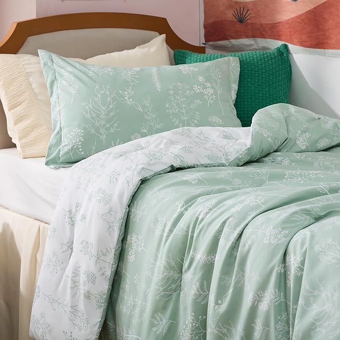 Bedsure Twin/Twin XL Comforter Set - Sage Green Bed Set, 2 Pieces Cute Floral Bedding, 1 Soft Reversible Botanical Flowers Comforter and 1 Pillow Sham