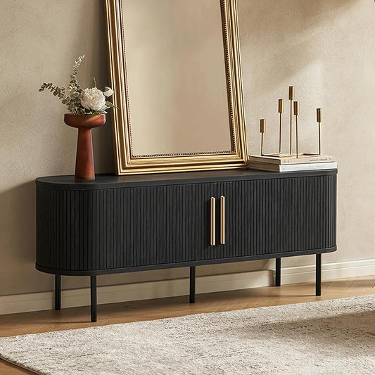 mopio Quin 59" Tambour TV Stand, Mid-Century Modern Television Stand for 55/60/65 inch TV, Fluted Entertainment Center with Bigger Storage, Wood Media Console Credenza Cabinet for Living Room (Black)