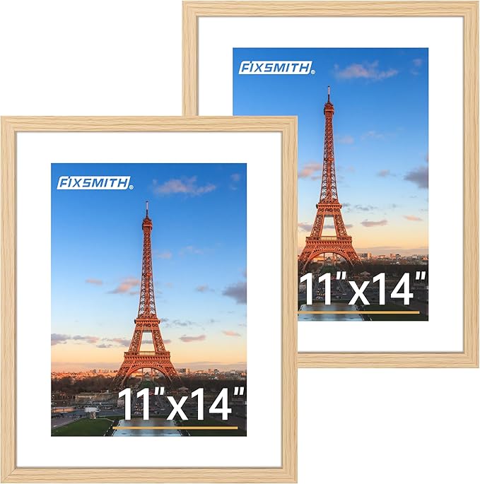 FIXSMITH 11x14 Picture Frame 2 Pack, Photo Frame with HD Plexiglass, Display Pictures 8x10 with Mat or 11x14 Without Mat, Natural Picture Frames Collage Wall Decor, Gallary Wall Frame