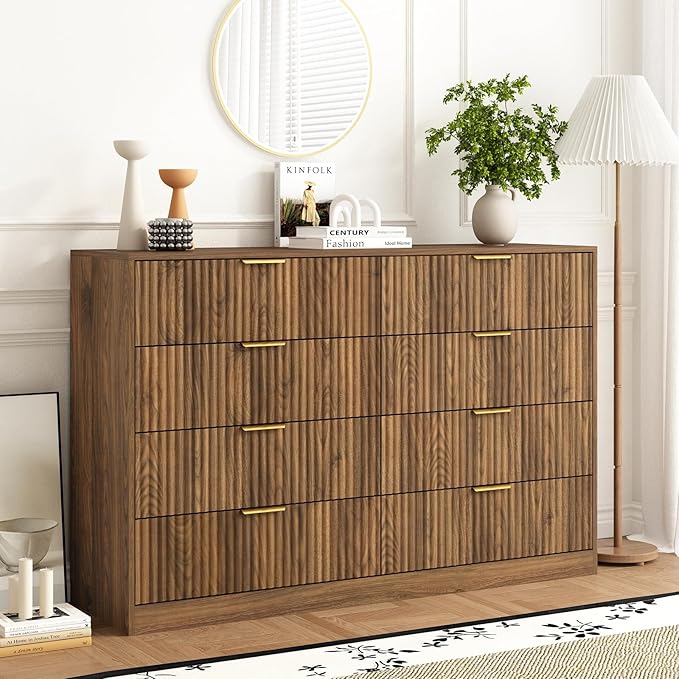8 Drawer Dresser for Bedroom, Modern Fluted Double Dresser, 55" Wide Chest of Dressers, Mid Century Wooden Beside Table for Closet, Living Room and Entryway, Natural