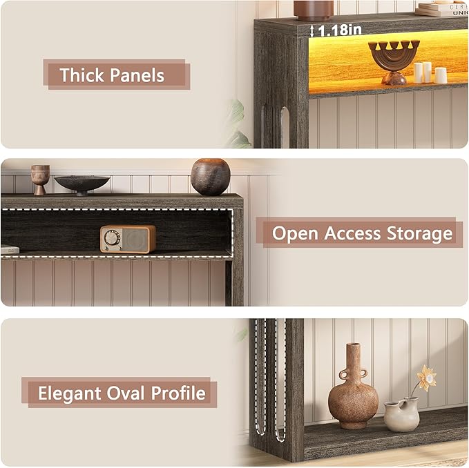 FAVOOSTY Farmhouse Console Table with Storage, 47" 2-Tier Entryway Sofa Table with Led Light Behind Couch Table Hallway Stand for Living Room, Hallway, Foyer - Gray