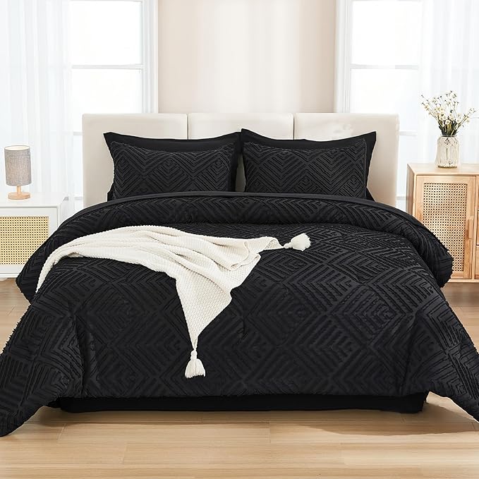 Andency California King Comforter Set with Sheets Black - 7 Pieces Bed in a Bag Cal King Boho Lightweight Fluffy Tufted Bedding Sets with Comforter, Sheets, Pillowcases & Shams