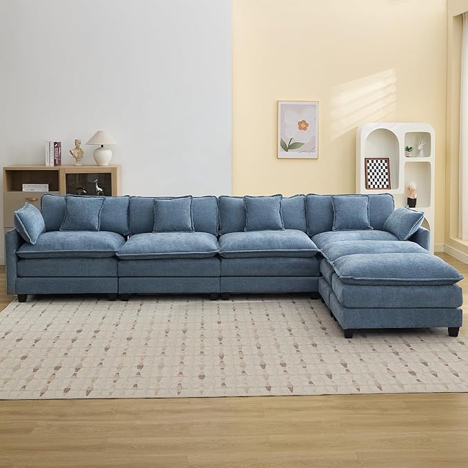 147'' Sectional Cloud Deep Seat Couch, Oversized Chenille U Shaped Sectional Sofa for Living Room Set, Comfy Upholstered Modular Sectional Sofa Couch with 2 Movable Ottoman, Blue
