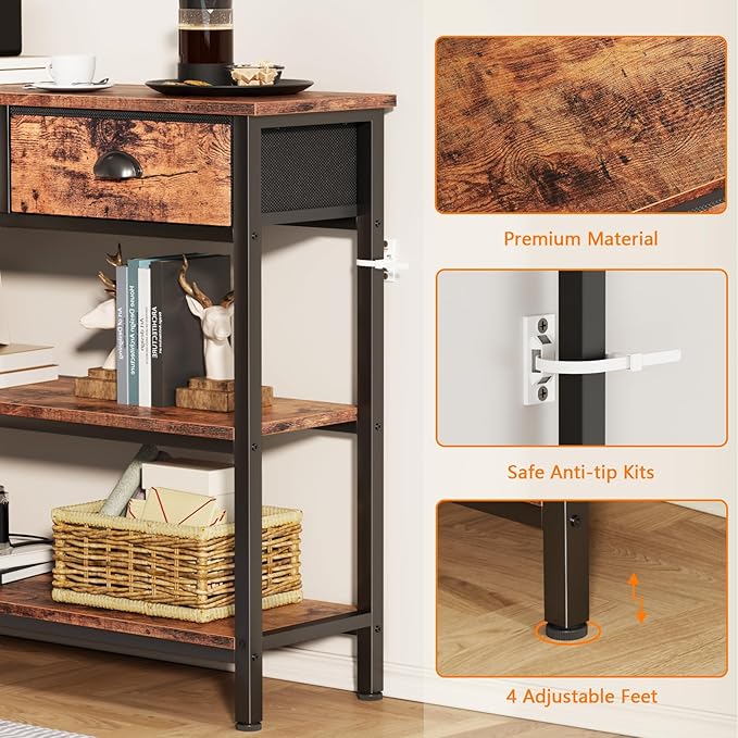 Furologee Long 47" Console Sofa Table with 3 Drawers, Entryway Table with 3-Tier Storage Shelves, Industrial Display Shelf for Entry Way, Hallway, Couch, Living Room, Kitchen, Foyer, Rustic Brown