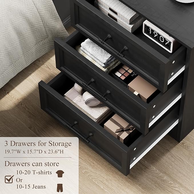 Farmhouse Nightstand with Charging Station, 19.7" End Table with 3 Drawers Storage, Black Wooden Night Stand, Bed Side Table with Unique Base Design, 3 Drawer Dresser for Bedroom, Living Room