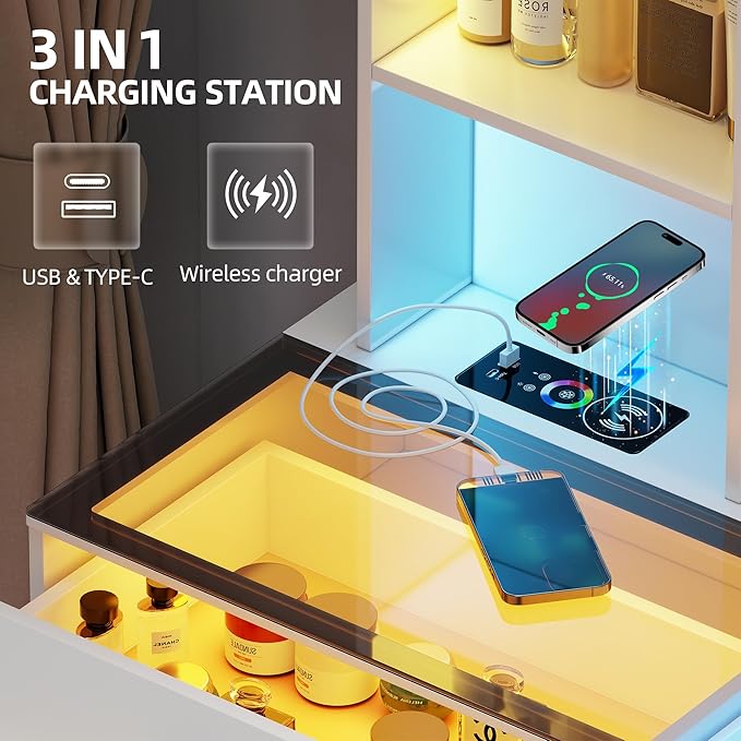 LED Vanity Desk with Sliding Mirror, Smart Makeup Table with 6 Drawers 6 Shelves Glass top, Dressing Table with Charging Station 24 Color Lighting Modes, Cushioned Stool, USB for Bedroom White