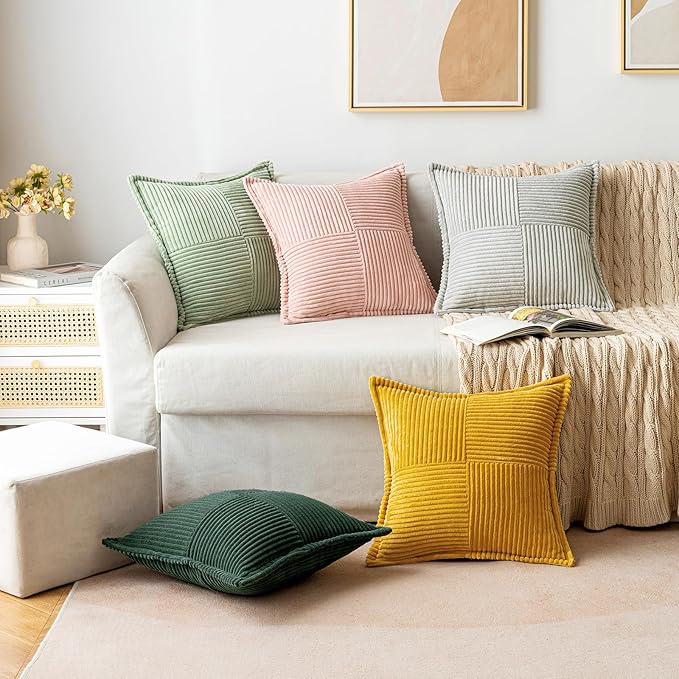 MIULEE Christmas Decorative Throw Pillow Covers for Couch Bed Livingroom 18x18 Inch Set of 2 Dark Green Boho Accent Throw Pllows Broadside Striped Patchwork Soft Corduroy Pillowcases