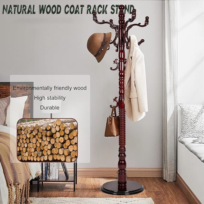 73" Wooden Coat Rack Stand,Coat Racks Freestanding With 14 Hooks And Solid Round Base Heavy Duty Adjustable Height Hall Tree Coat Rack for Entryway Hallway Foyer Office Bedroomf (Red sandalwood)