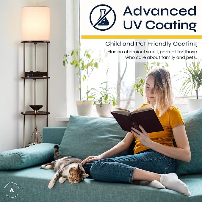 ATAMIN Tall Floor Lamp with Shelves and Charging Station – USB-C, USB, and Wireless Charging Shelf Lamp for Living Room or Bedroom 72-inch Modern Standing Lamp with Compact Storage