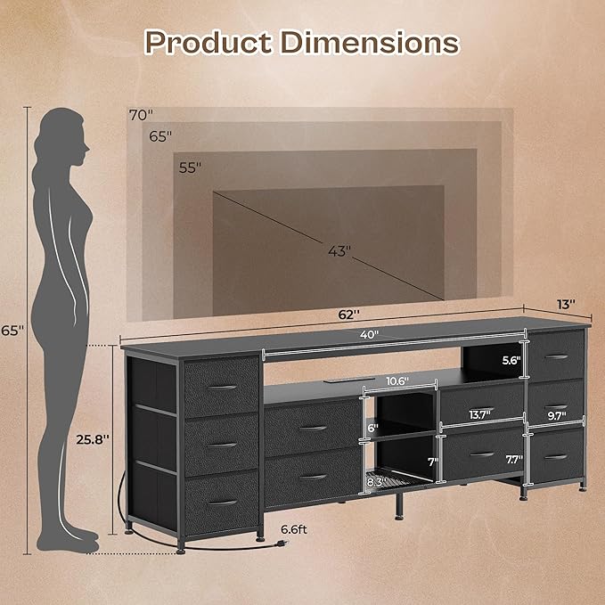 Huuger 62 Inch LED TV Stand Dresser with Power Outlets, USB-C Port and LED Lights, 10 Fabric Drawer Dresser for Bedroom, Long Entertainment Center for 65, 70 Inch TV, Open Shelves, PU Leather, Black