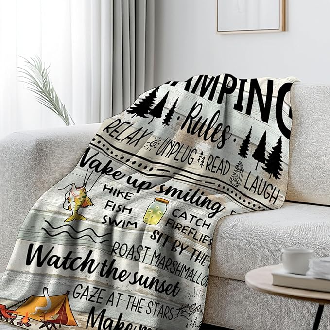 Camping Gifts for Women Men, Camp Blanket Gifts for Camper Lovers, Happy Campers Decor Outdoor Travel Hiking 50" x 60", Camping Rules Throw Blanket for Fathers Day