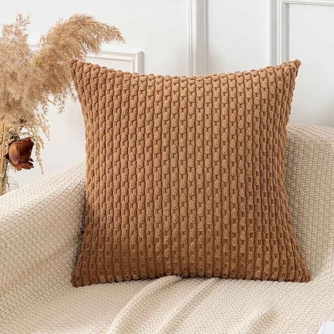 Kevin Textile Throw Pillow Covers Soft Corduroy Decorative Set of 2 Boho Striped Pillow Covers Pillowcases Farmhouse Home Decor for Couch Bed Sofa Living Room 22x22 Inch Khaki
