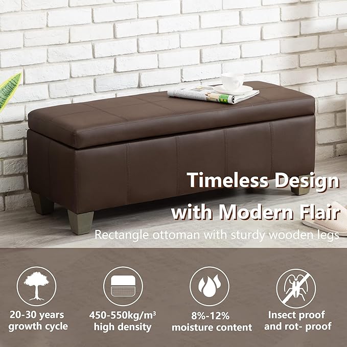 Brown Faux Leather Ottoman with Storage, Rectangular Extra Long Storage Bench for Bedroom and Living Room