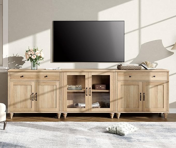WAMPAT Farmhouse TV Stand for 100 Inch TV, 3-in-1 TV Console Table for 75/80/85/90 Inch TV, Entertainment Center with Glass & Wood Door, Kitchen Sideboard Buffet Cabinet for Dining Room, Oak