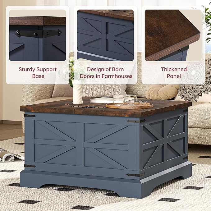 oneinmil Farmhouse Coffee Table with Storage Organizer, Square Coffee Tables with Large Storage Space, Center Table for Living Room, Bedroom, Home Office, Blue