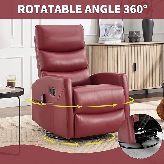 PELUMY Massage Recliner Chair with Heat - Manual Rocker Swivel Recliner, 360° Rotation & 155° Recline for Living Room（Breathable Leather, Red）