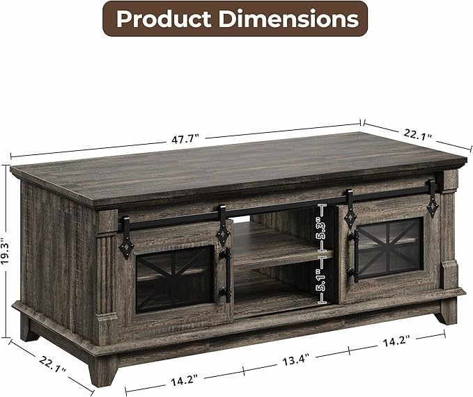 IRONCK 48'' Coffee Table with Sliding Barn Doors, Rustic Center Table with 6 Large Storage Space, Glass Doors and Adjustable Middle Shelf, Farmhouse Coffee Tables for Living Room, Meeting Room