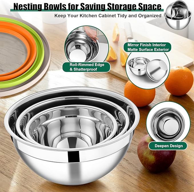 E-far Mixing Bowls with Lids and Graters, Stainless Steel Salad Mixing Bowl with Transparent Lid Set of 3, Metal Nesting Salad Storage for Kitchen Prepping/Serving/Baking, 4.6/2.6/1.5QT - Colorful
