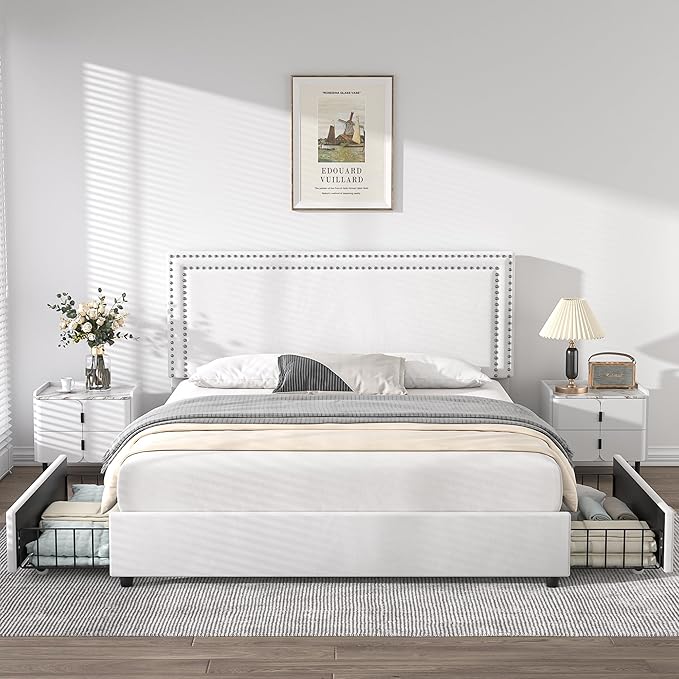 VECELO Full Size Upholstered Platform Bed Frame with 4 Storage Drawers, Adjustable Velvet Rivets Headboard, Wooden Slats Support, No Box Spring Needed, Easy Assembly